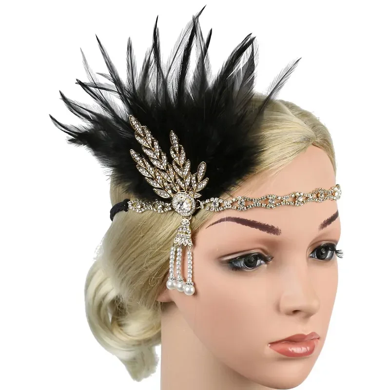 

Hair Accessories Black Rhinestone Beaded Sequin Hair Band Vintage Feather Elastic Headband Vintage Party Headpiece