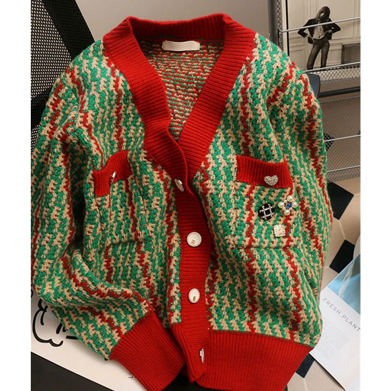Tanio Wypoczynek V Neck zielony czerwony łączenie odzież damska sweter
