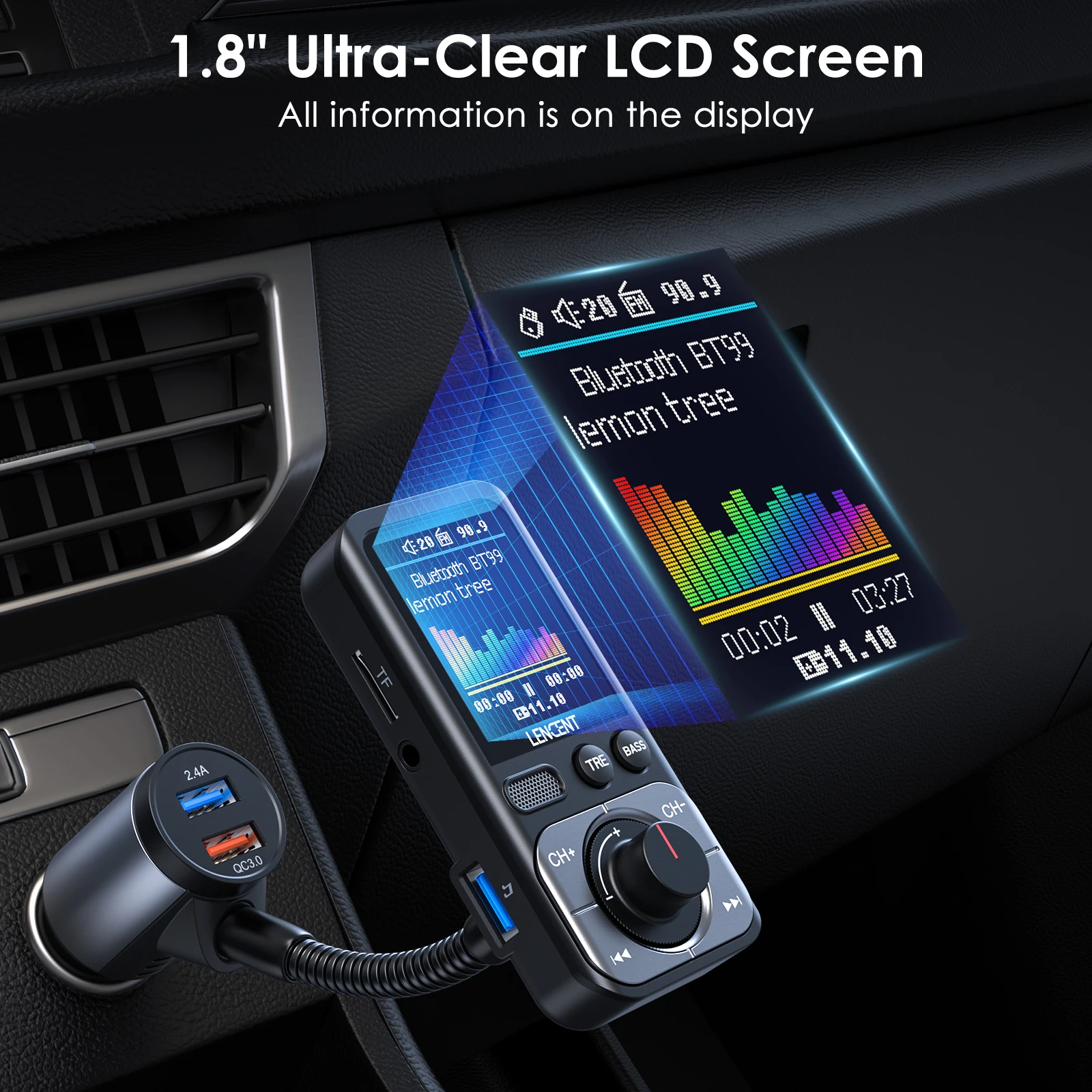 Trasmettitore FM Bluetooth 5.0 Per Auto Con QC3.0 18W – Vivavoce, Assistenti Vocali, Uscita AUX, Doppia USB, Display 7 Colori