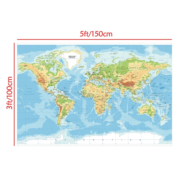 150*100cm Terrain Map of The World Wall Art Poster Large Canvas Painting Education School Supplies Office Classroom Home Decor