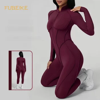 Nude Feel Yoga Sporty Jumpsuit Woman Outer Wear Tight Breathable Fitness Bodysuit Long Sleeve Zipper Sports Sportswear Woman Gym 1