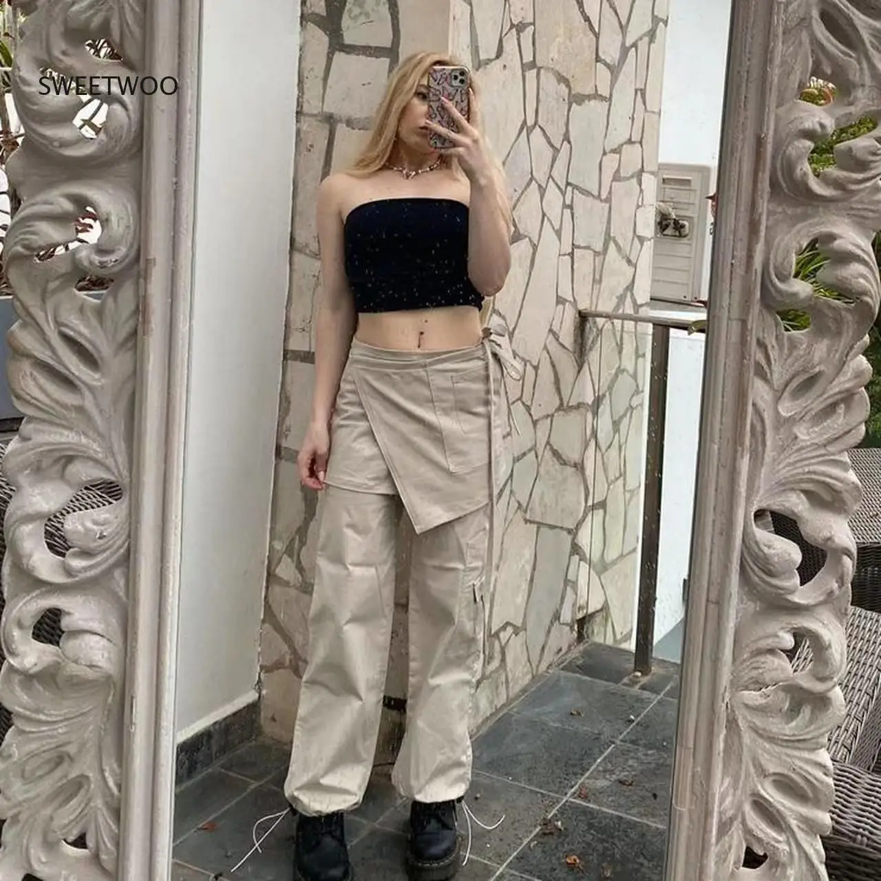New Drawstring Low Waist Y2K Skirt Cargo Pants Women Pockets Design Streetwear Joggers Womens Vintage Casual Hippie Sweatpants