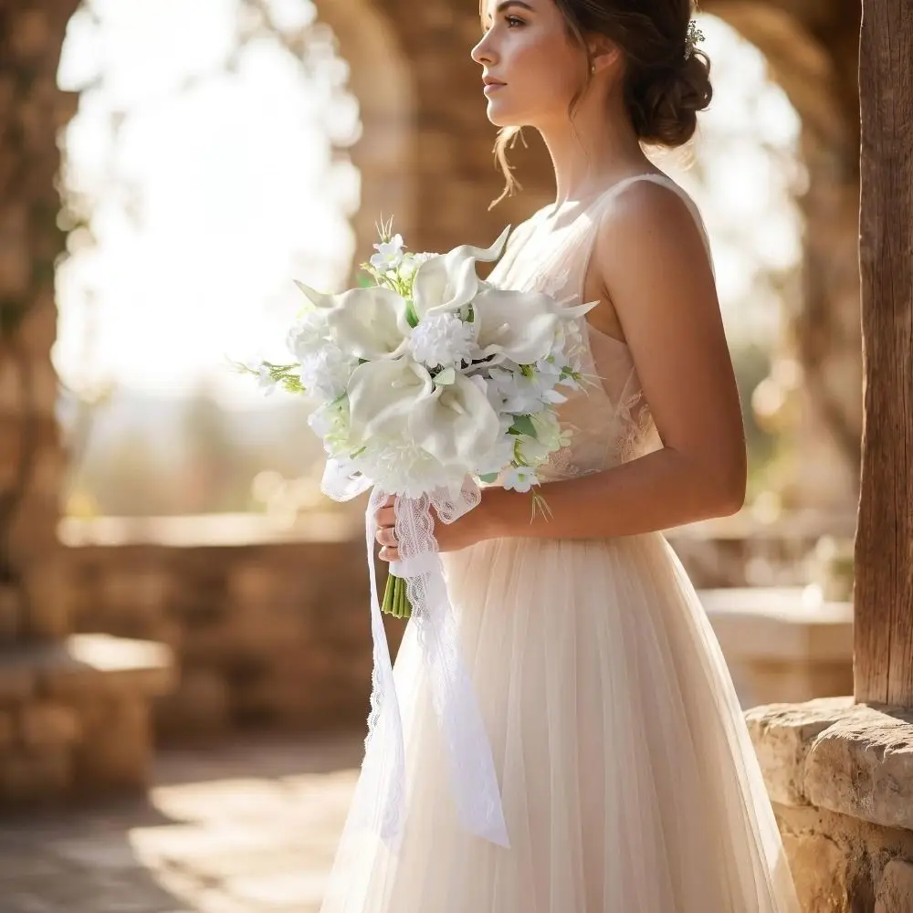 Bouquet da Sposa Romantico con Calla Bianca e Ortensia, Bouquet Artificiale con Nastro in Pizzo, Bouquet da Sposa Artificiale Portatile - Image 2