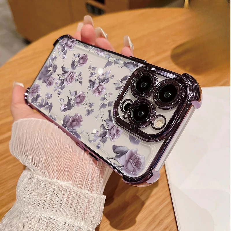 Retro Flower Plating Shockproof Clear Phone Case