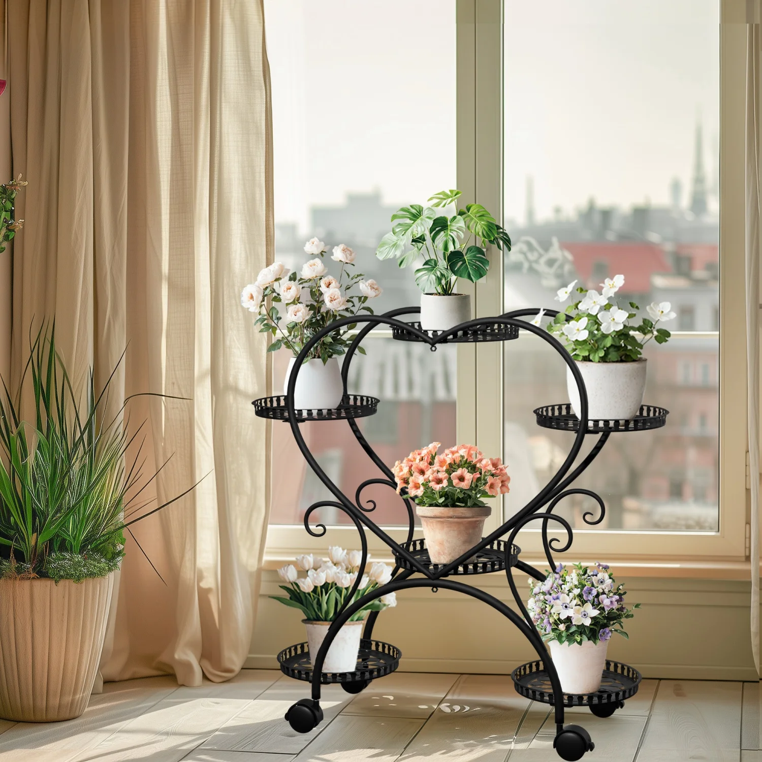 6 Potted Heart-shaped Rolling Metal Plant Stand on Wheels Garden Cart Flower Pots Organizer Rack for Patio, Balcony