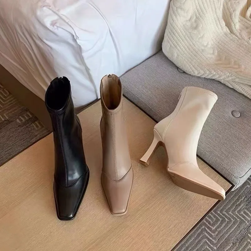 

Square Toe Zipped Back Stiletto Boots Solid Color High Heel Ankle Botas Femininas Comfortable Casual Short Botines Women Shoes