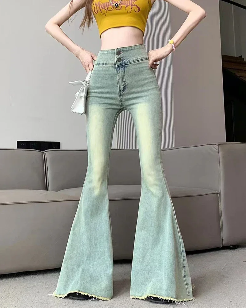 Vintage Raw Edge Flare Jeans Korean Women's High Waist Slim