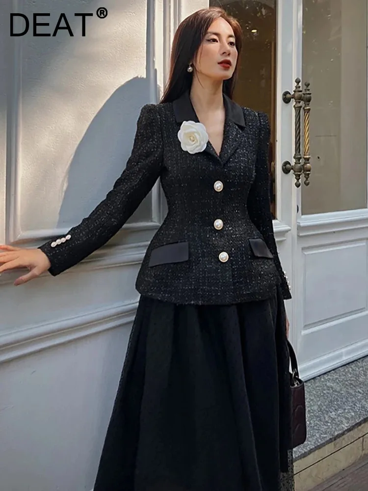 

DEAT 2 Pcs Set Tweed Notched Flower Single-breasted Coat Elastic Waist Folds Skirt Women's Suit 2024 Spring New Fashion 13DB3998