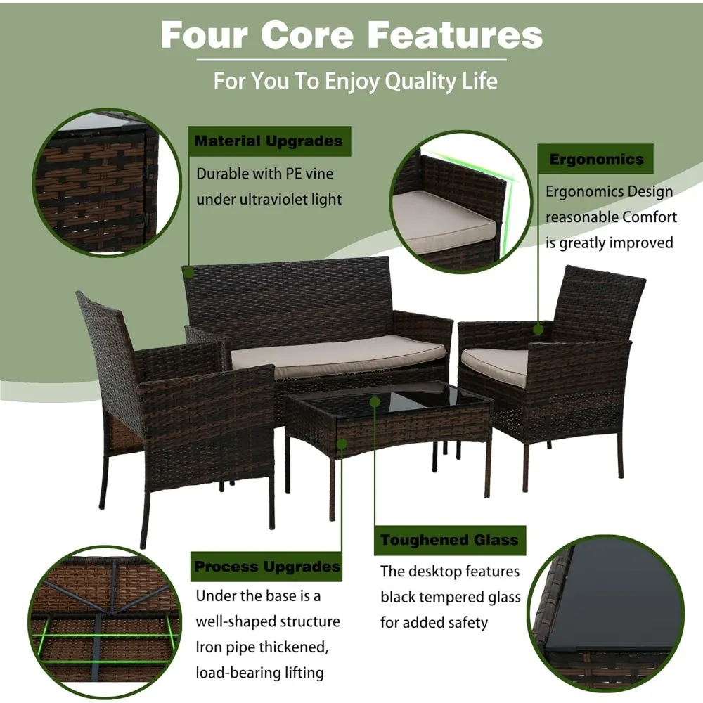 4 Pieces Patio Furniture Set Rattan Outside Furniture Wicker Sofa Garden Conversation Sets with Soft Cushion and Glass Table for 4
