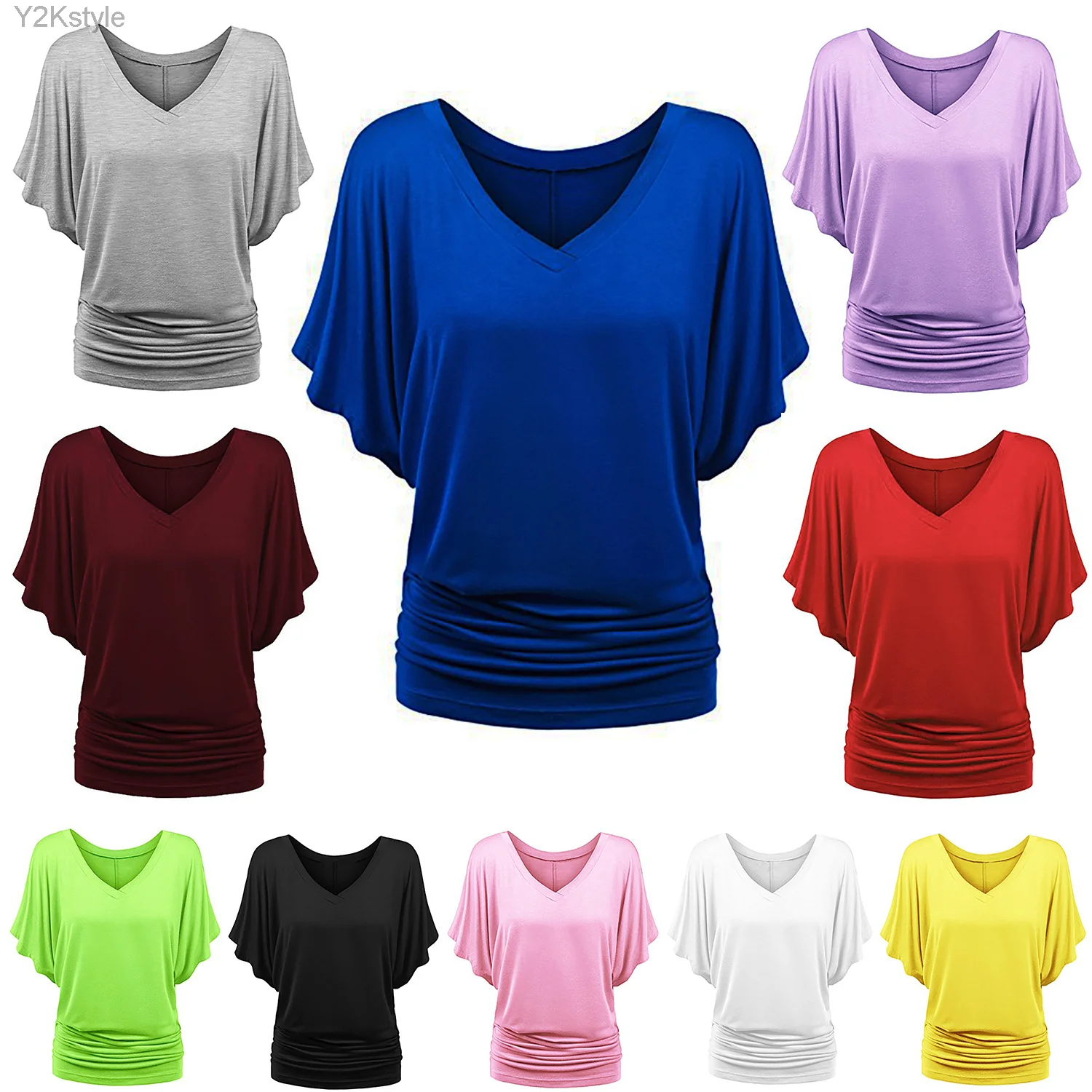 

2023 Casual Loose T Shirt Women Summer Batwing Short Sleeve Tops Tees Fashion Solid Tshirt Casual V neck