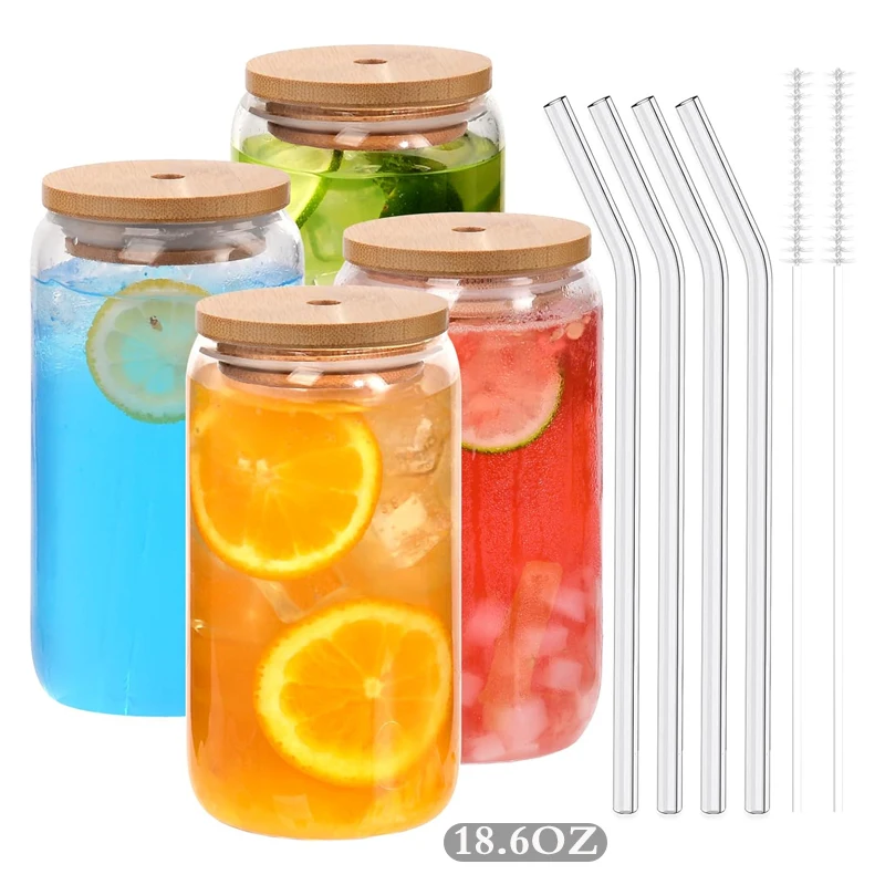  DESIYUE Juego de 4 piezas: vasos de vidrio con tapas de bambú y  pajitas de vidrio, vasos con forma de lata de cerveza de 16 onzas, tazas de  café helado, lindo