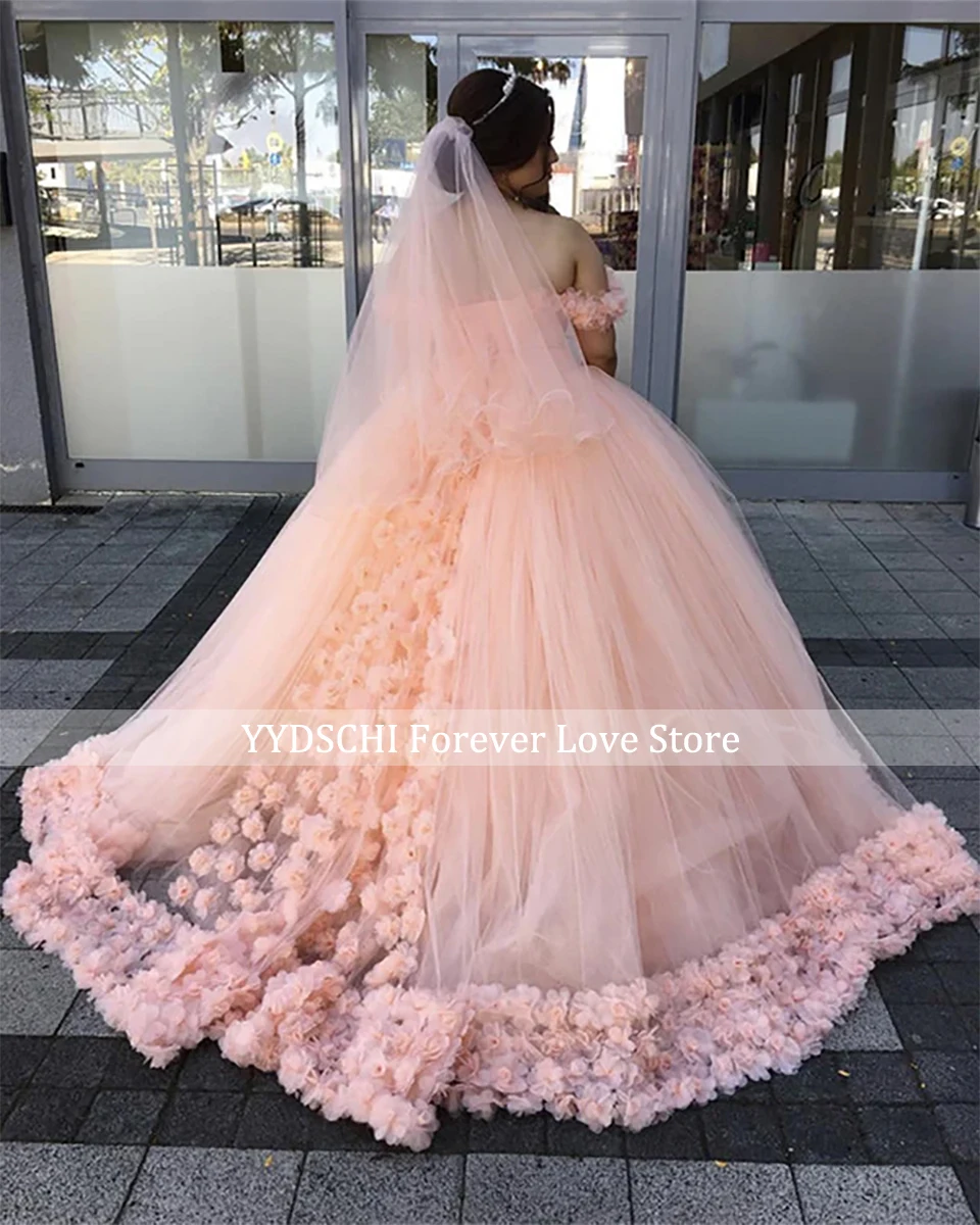 Maßgeschneidertes Hellrosa Blumenapplikationen Ballkleid Hochzeitskleid 2026 Prinzessin Schulterfreies Voluminöses Brautkleid Vestidos De Novia – Detail 4