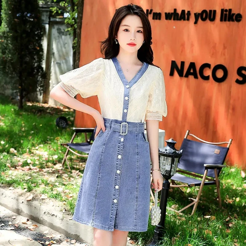 

Lace Hollow Out Patchwork Denim Dress Summer New Korean Version Dresses Waist Fashion Puff Sleeve V-Neck Skirt Ropa De Mujer