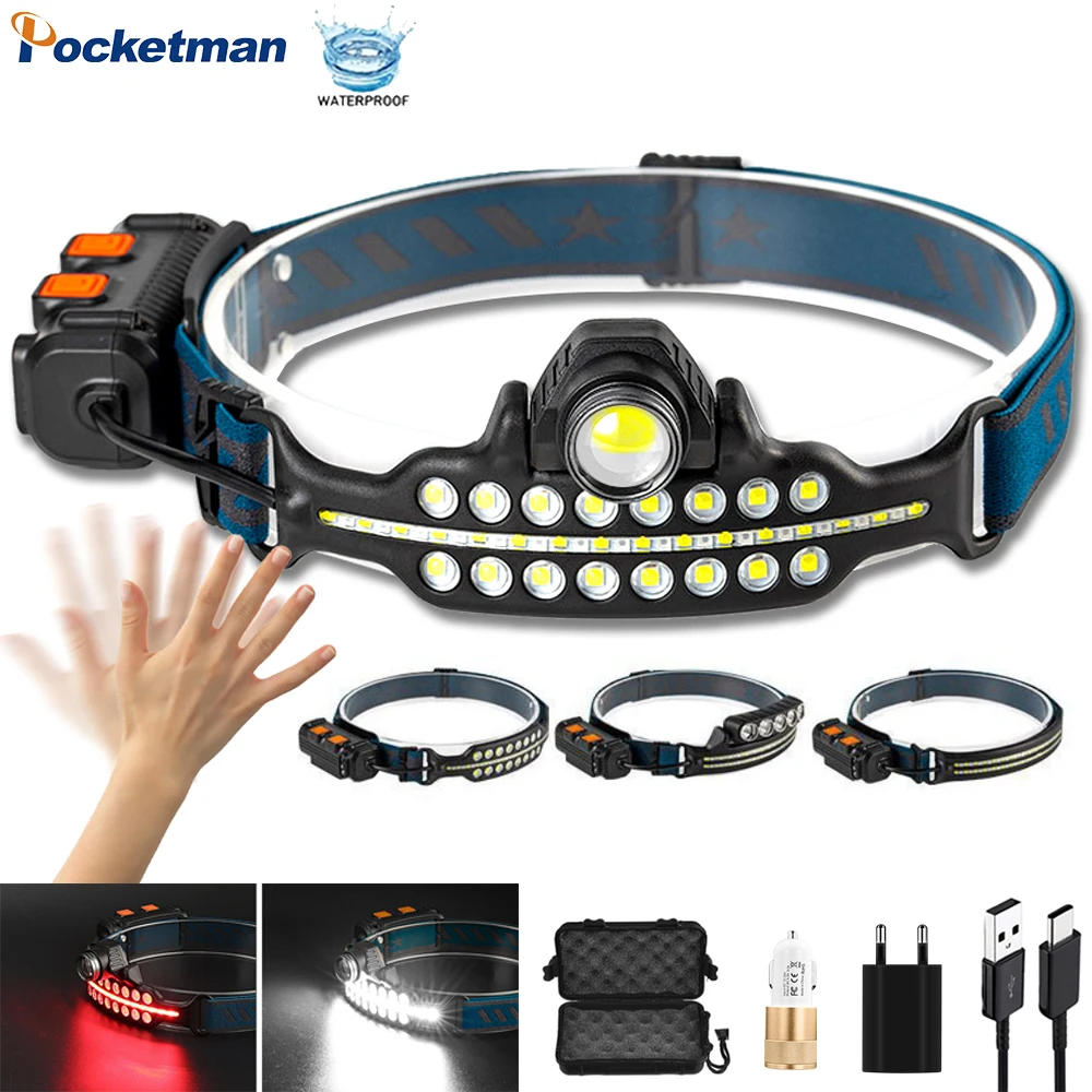 

POCKETMAN Super Bright High Lumen COB LED Headlamp Lightweight Rechargeable Headlight IR Motion Sensor Head Lamp Waterproof