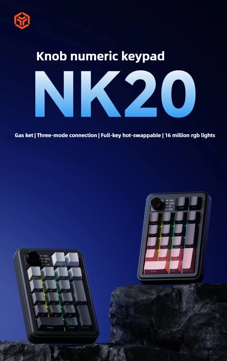 NK20 숫자 키패드 2.4G/블루투스/유선 3모드 RGB 가스켓 노브 포함 핫 스와핑 가능 사무용 데스크탑 컴퓨터 범용