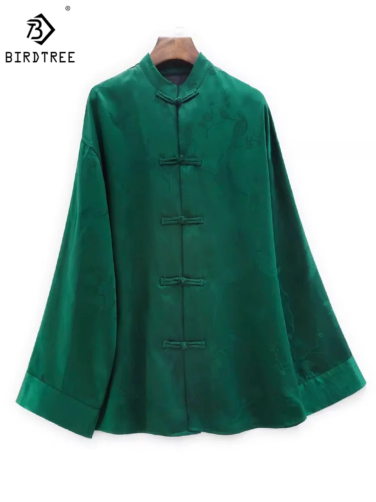 버드트리 여성용 실크 긴팔 셔츠, 만다린 칼라, 플로럴 자카드, 레트로 가디건, 엄마 가을 상의, 50mm, XiangYunSha, T3D450QM