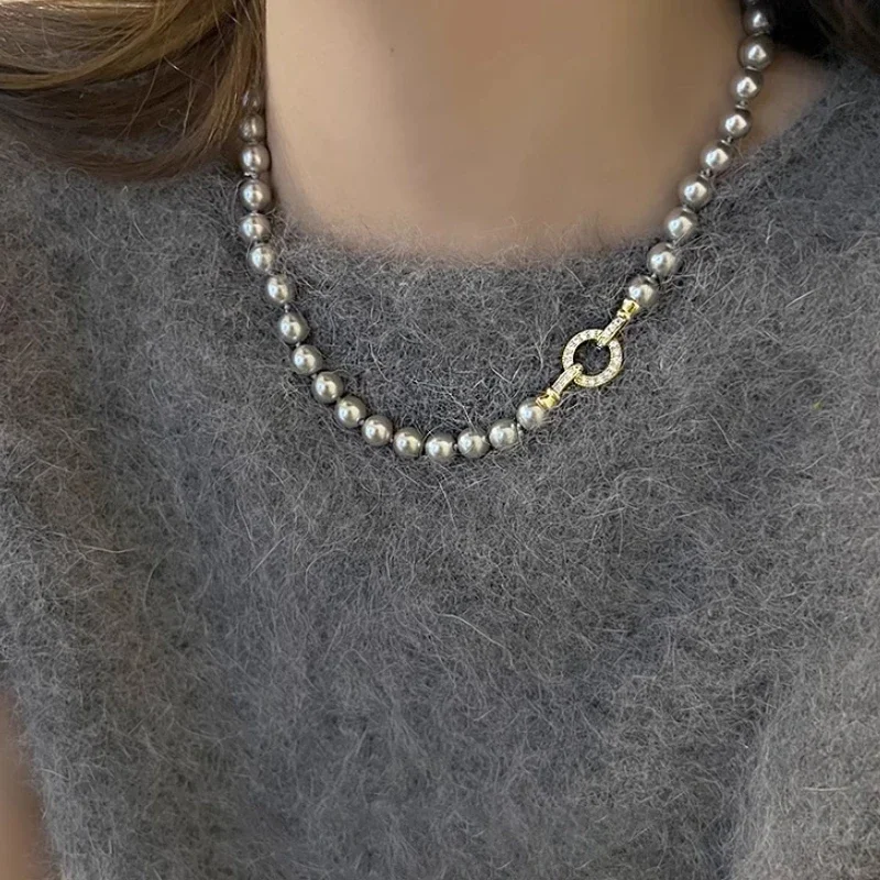 6/8/10MM Gray Simulated-pearl Beads Chain Necklace for Women Elegant Lady Long Sweater Chain Versatile High-grade Necklaces