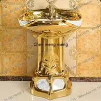 อ่างล้างหน้าเซรามิกแบบตั้งพื้นสำหรับตกแต่งบ้านสไตล์โมเดิร์นหรูหราสีทอง พร้อมขาตั้ง สำหรับปรับปรุงบ้าน 4