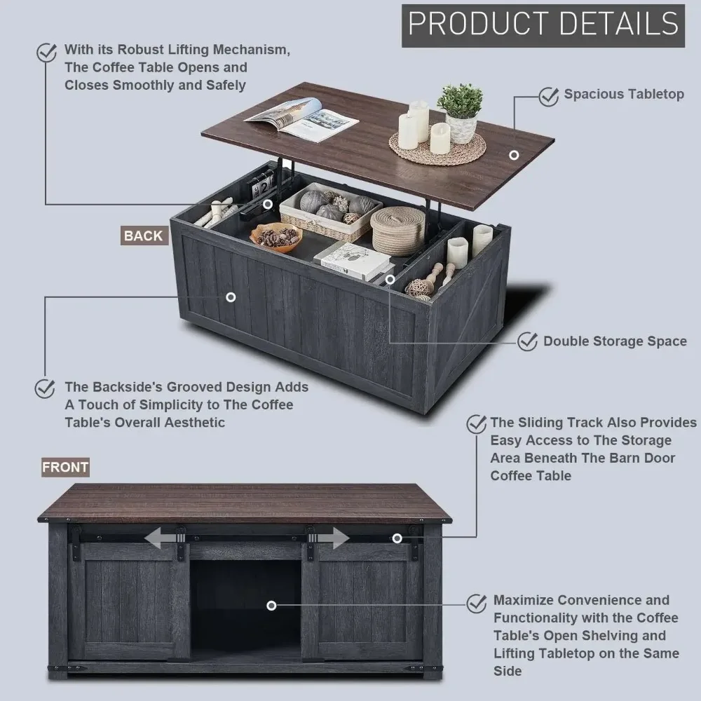 48" Lift Top Coffee Table, Farmhouse Cocktai with Sliding Groove Barn Door, for Living Room, Dark Grey 4