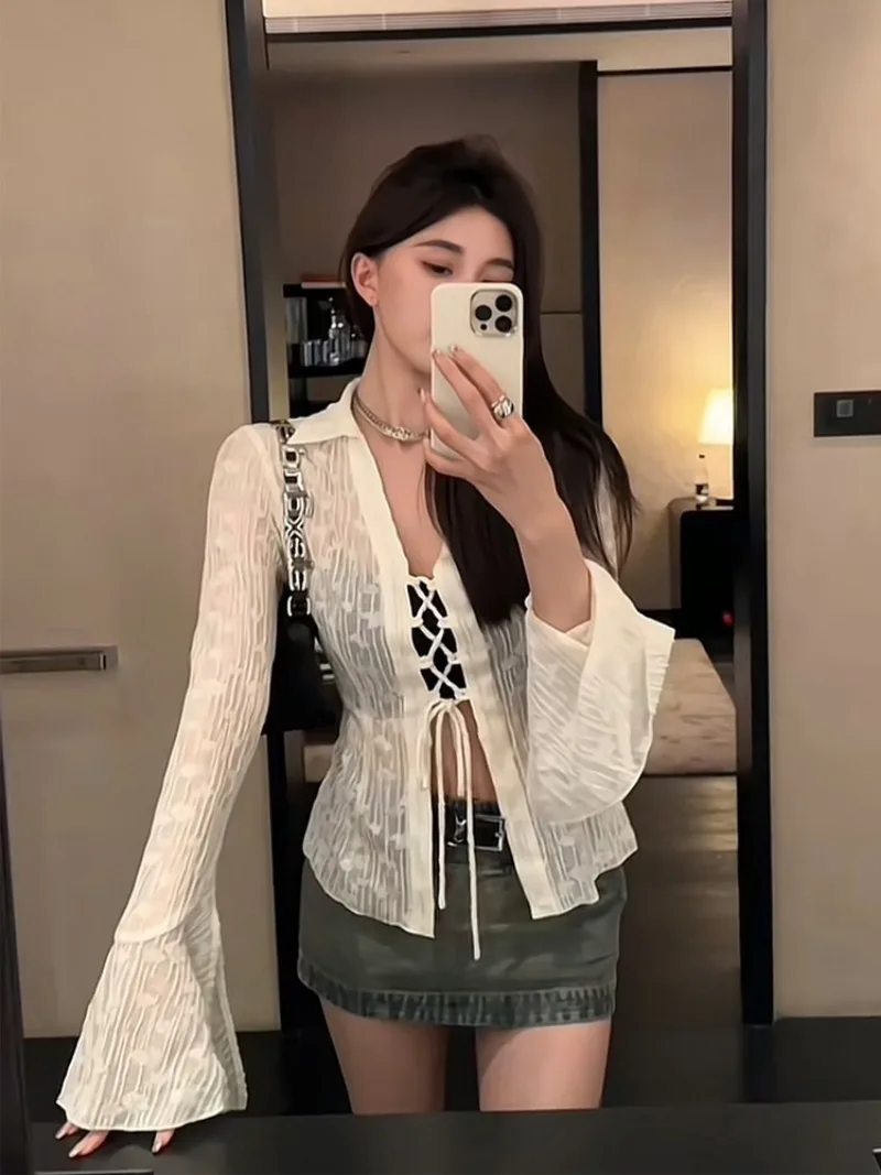 여성 용수철 플레어 소매 쉬폰 셔츠, 레이스업 재킷, 섹시 슬림핏 가디건, 청순 섹시 패션, 여성 의류