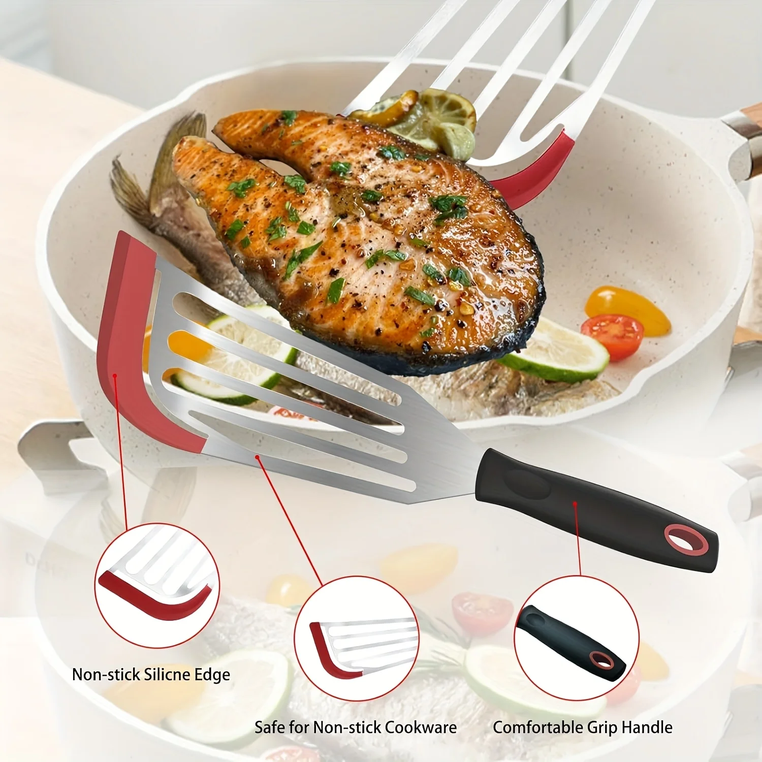 Fish Spatulas: 10.6 & 12.4 Inch Stainless Steel with Edge for Nonstick Pans,Perfect for Fish, Eggs, Pancakes, Steak, Barbecue