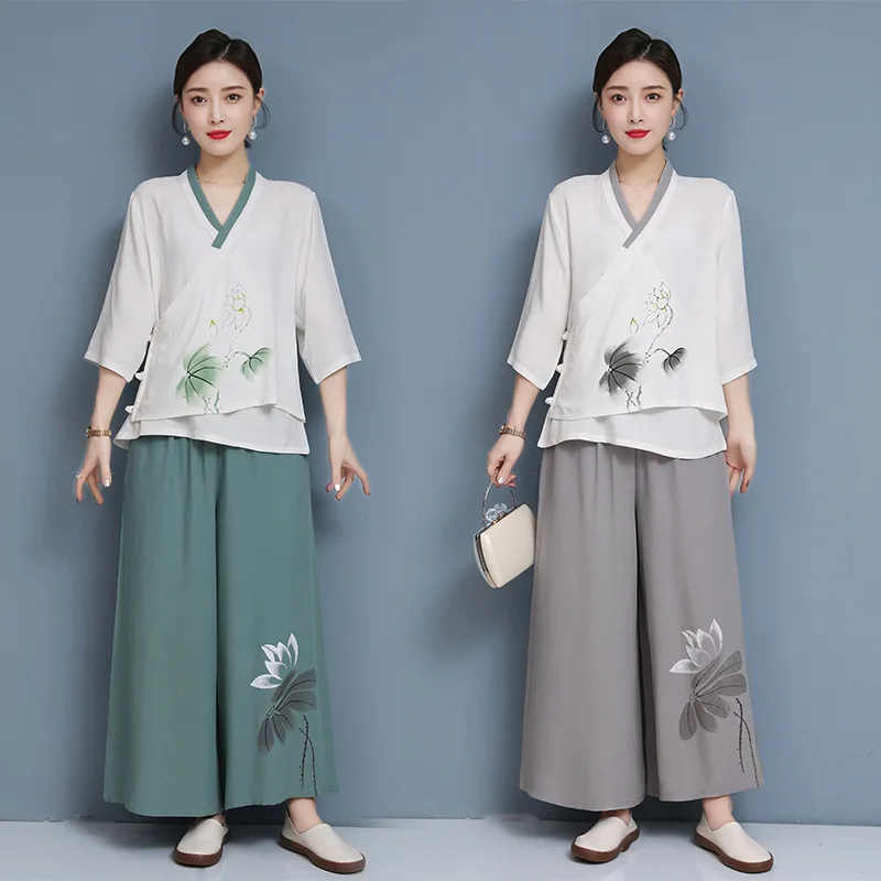

Women Tai Chi Kungfu Martial Arts Suit Linen Printed Chinese Style Sweatshirt+pant Outfit Workout Meditation Yoga Casual Set