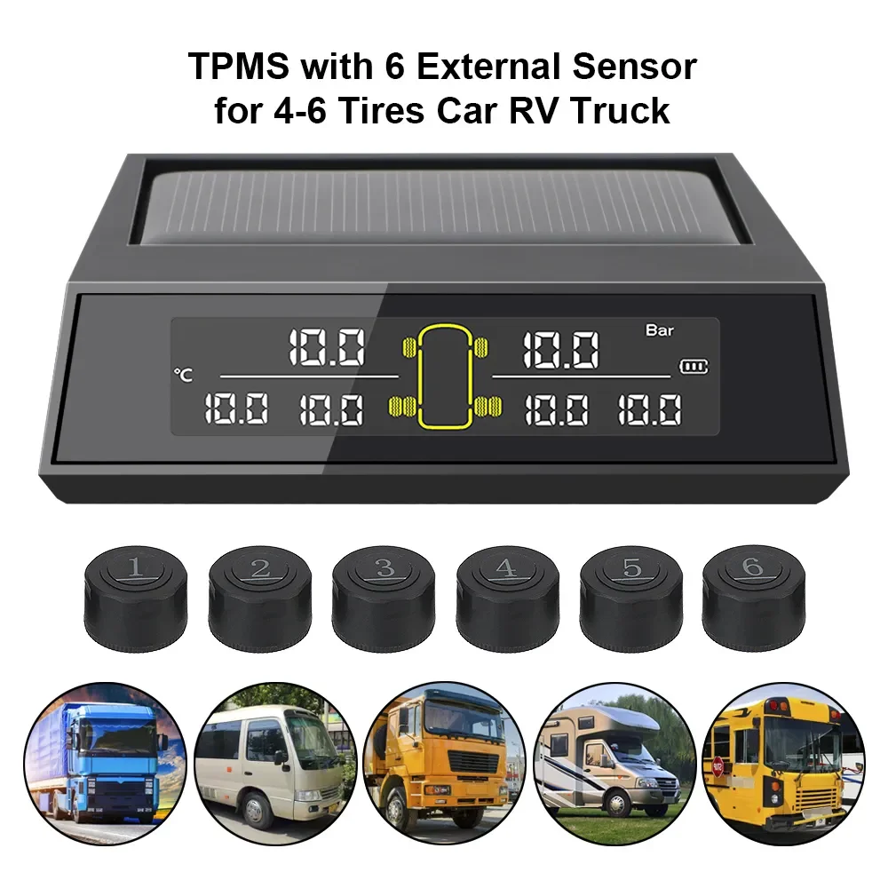 

Truck TPMS Car Alarm Tire Pressure Monitoring System With 6 Extenal Sensors LCD Color Screen 0-8 Bar Temperature Warn