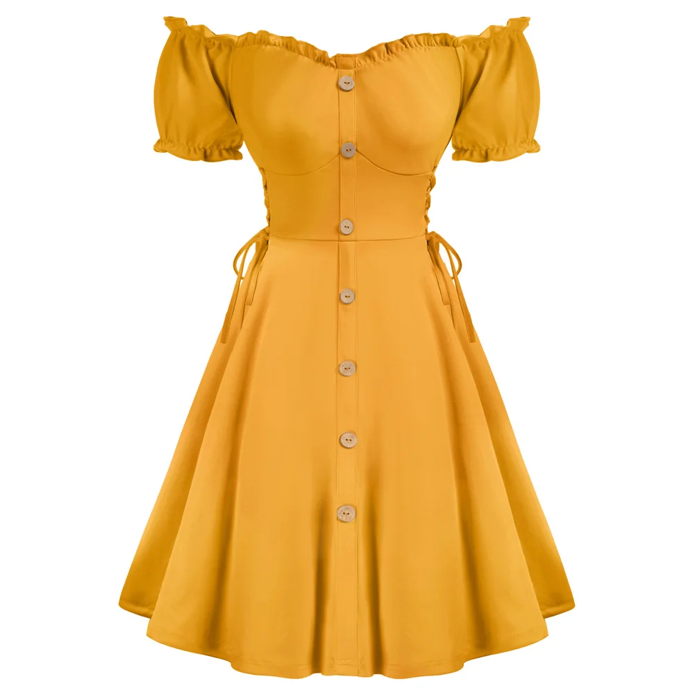 

SD Women Fashion Dresses Off Shoulder Renaissance Ruffles Solid Sexy French Style Short Sleeve Buttons Decorated Big Hem Dress