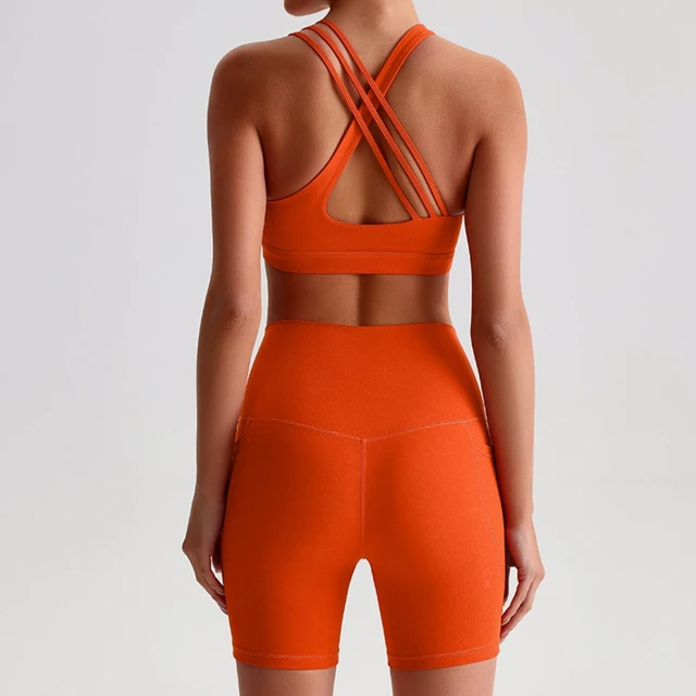Solid Color Gym Yoga Set Short Legging Cross Back Shoulder Strap Sport Bra Tracksuit Women Suit Comprehensive Training Athletic 3