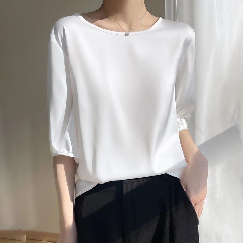 Summer New Short-Sleeved Acetate Satin Round Neck T-shirt Women's