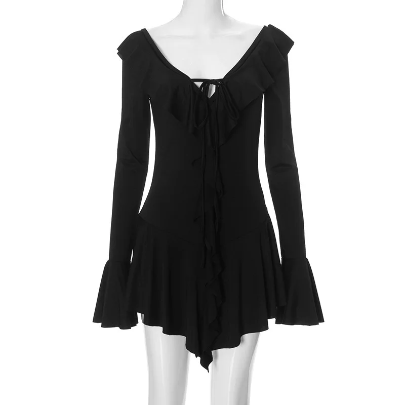 Sexy Deep V Ruffled Bodycon Short Skirt For Women Fall Ruffled Flared Sleeves Party Evening Dress Street Clothing