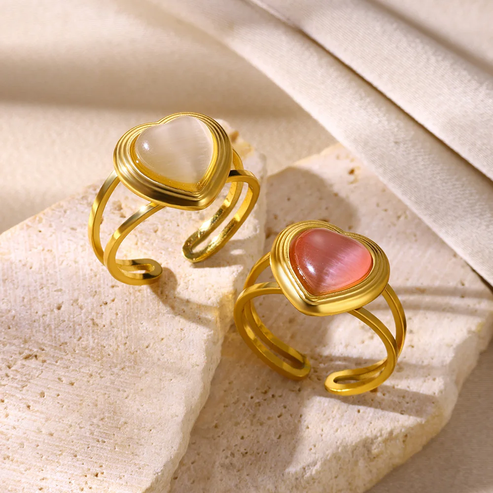 Natural Stone Heart Ring For Women Gold Color Stainless Steel