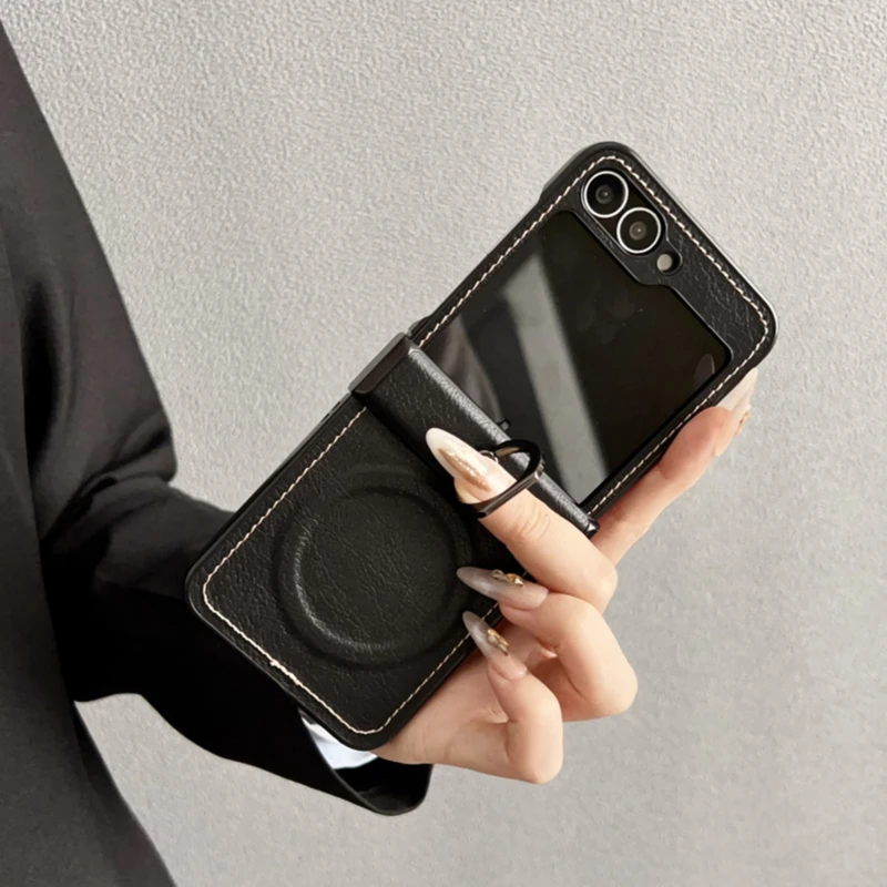Luxury Lychee Pattern Leather MagSafe Wireless Charging Case with Ring Holder and Hinge Cover