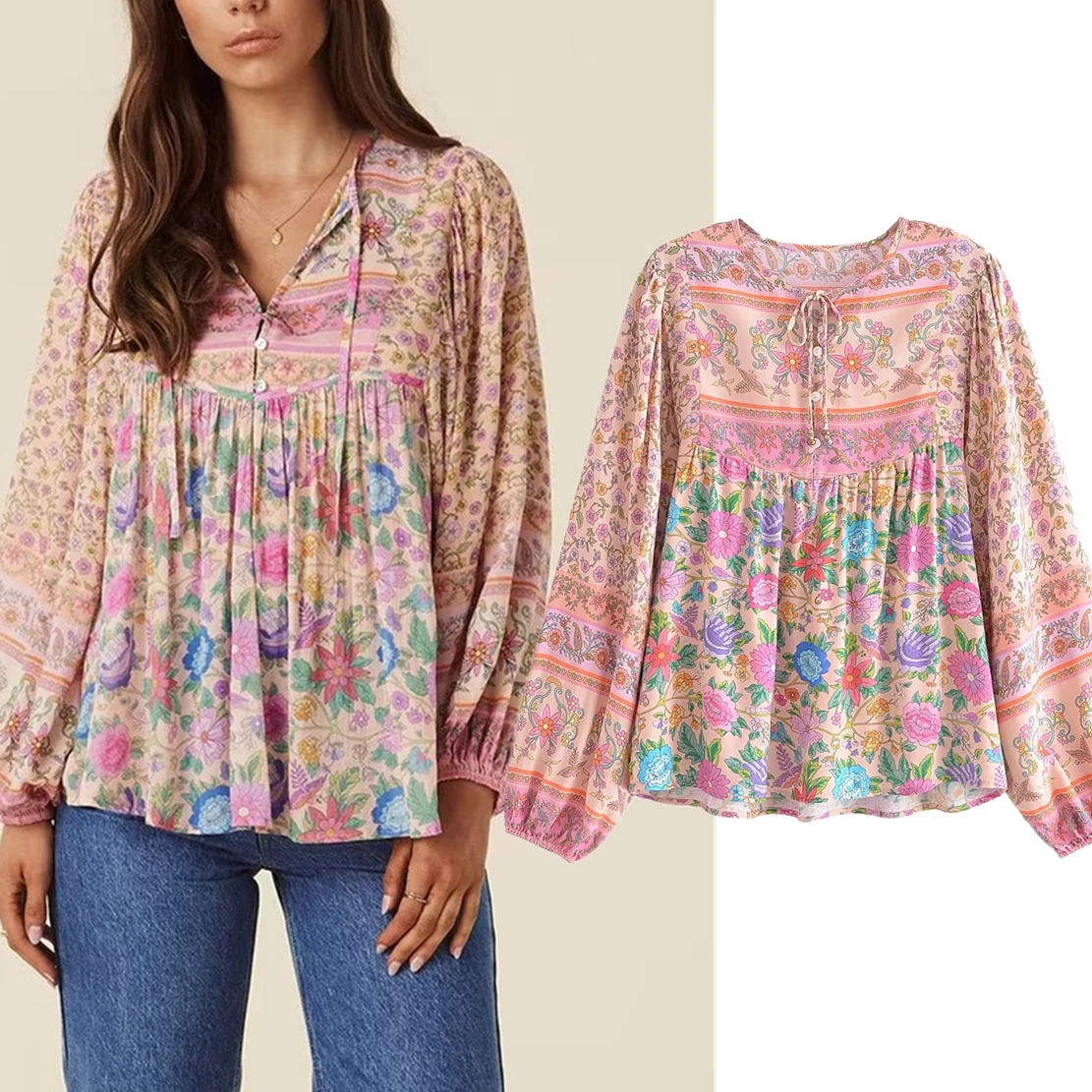 

Maxdutti 2023 French Retro Printed Shirt Women Cotton Loose Top Casual Pastoral Style Blouse