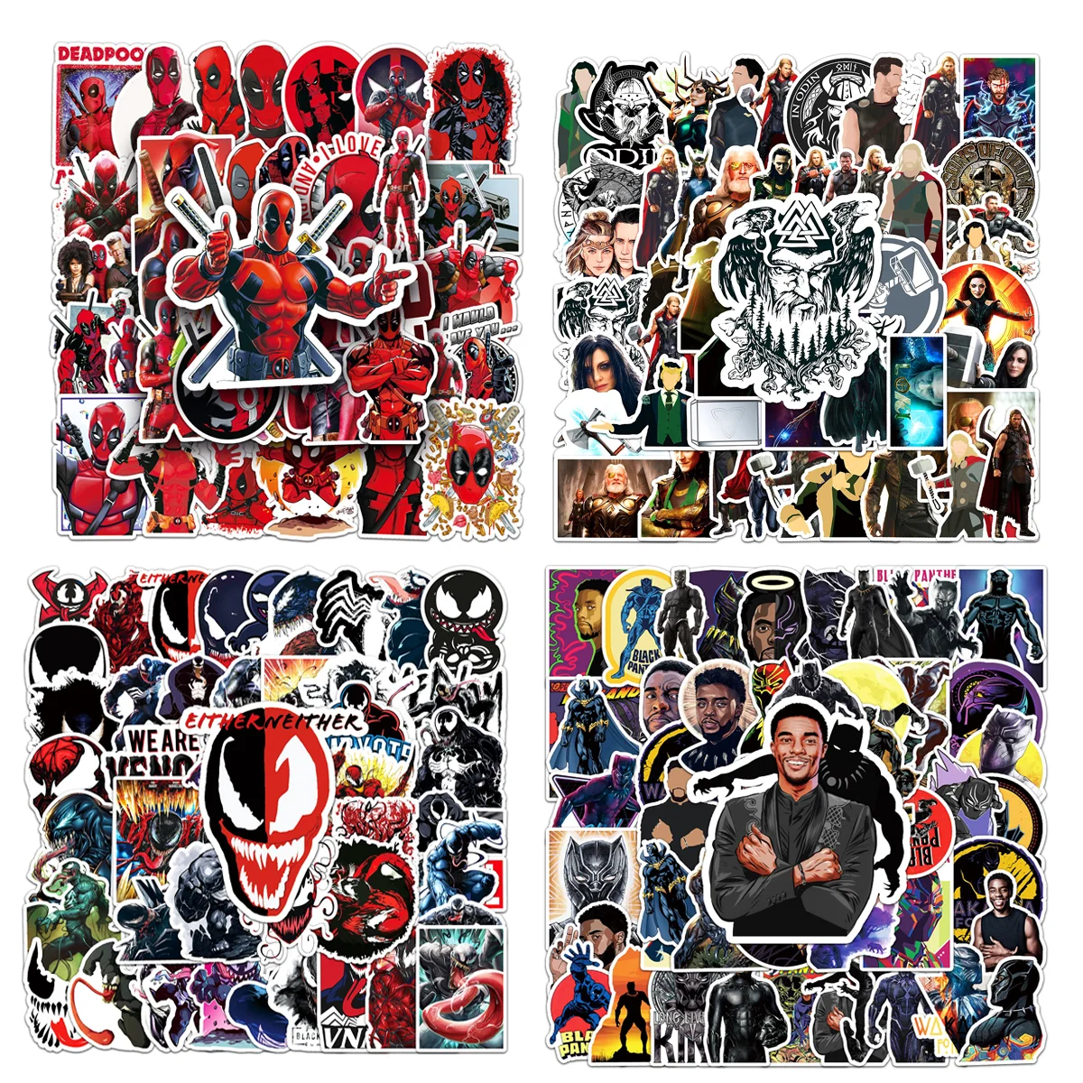 

100/200Pcs Superheroes Thor Odin Venom Deadpool Panther Stickers Doodle Skateboard Automobile DIY Waterproof Sticker Reusable