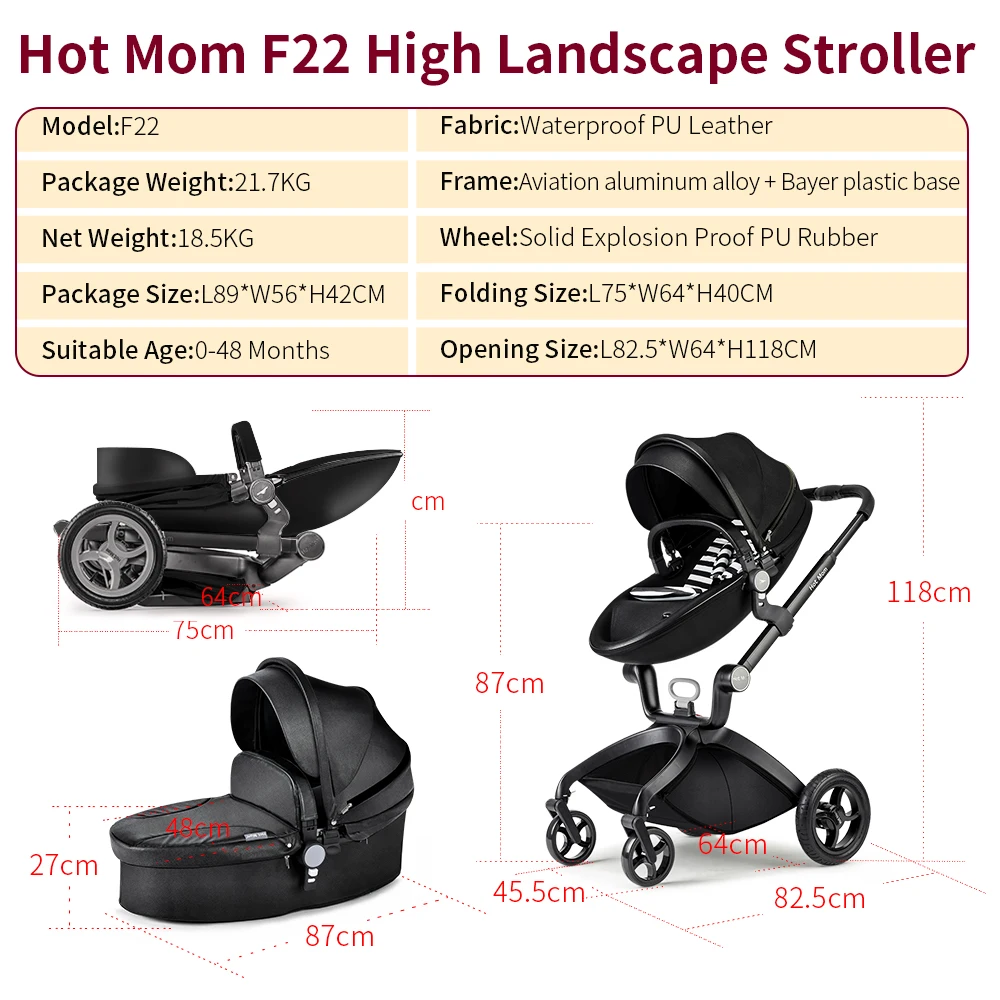Hot Mom F22 baby stroller 3in1 ,adjustable seat,aluminum frame,solid rubber tires,rain cover,mosquito net,large storage basket 3