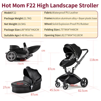 Hot Mom F22 baby stroller 3in1 ,adjustable seat,aluminum frame,solid rubber tires,rain cover,mosquito net,large storage basket 3