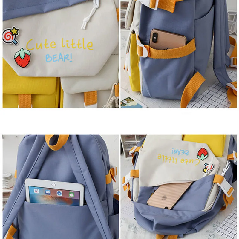 5 PCS Backpack for Middle School Students Female Korean Version Large Capacity Schoolbag for Grade 3-6 Primary School Students