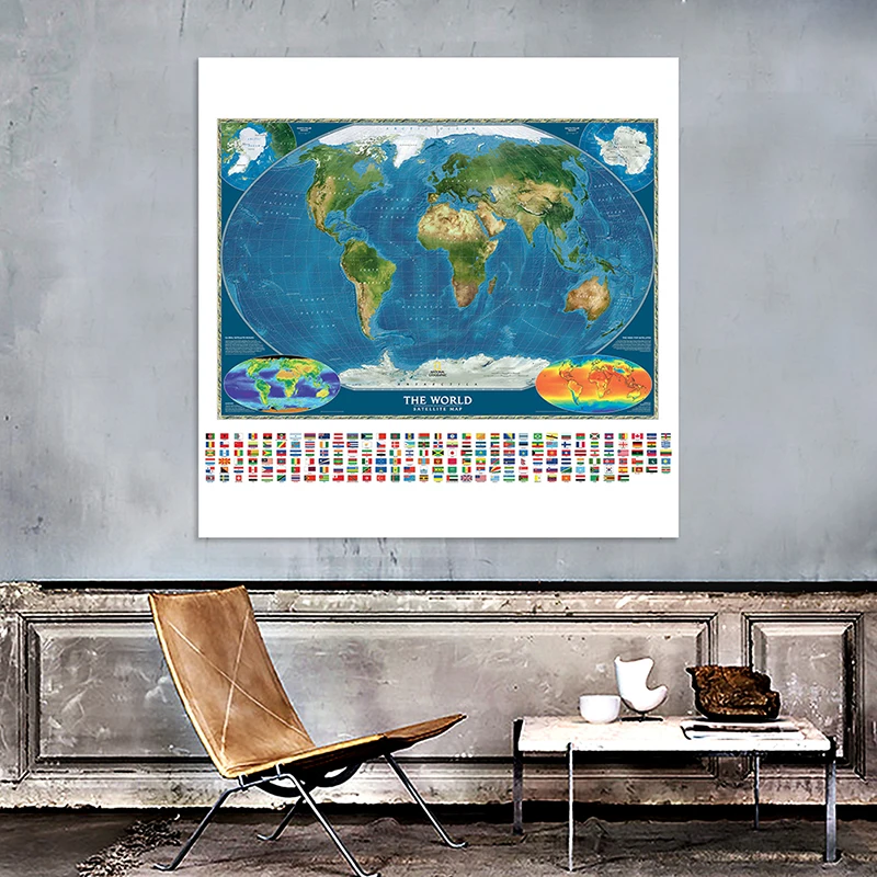 150X150cm Non-woven Spray World Map The World Satellite Map with Country Flag and Surface Temperature