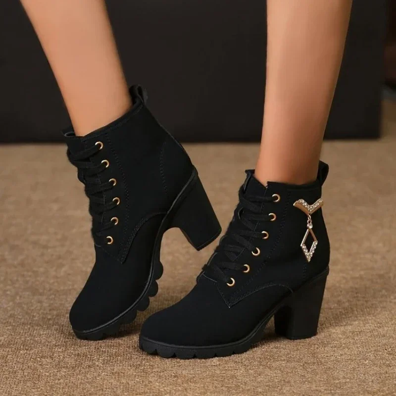 

Женские ботинки на шнуровке, однотонные теплые ботинки из флока, с круглым носком, на высоком каблуке, зимняя обувь, 2023