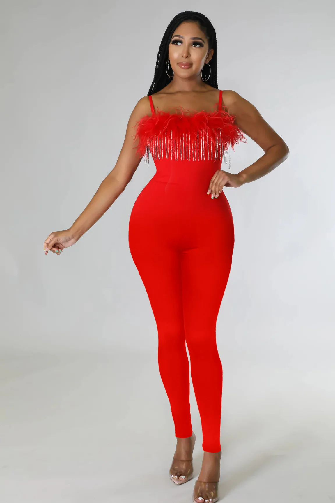 BKLD Spring And Summer New Women Clothing Solid Color Zipper Sling Diamonds Chain Feather Patchwork Long Pants Jumpsuit