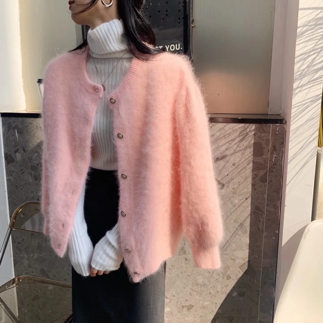 

High Quality Mohair Sweaters Women 2023 Autumn Winter Soft Gentle Loose Thickened Mink Cardigan Coat Pink Elegant White Sweaters