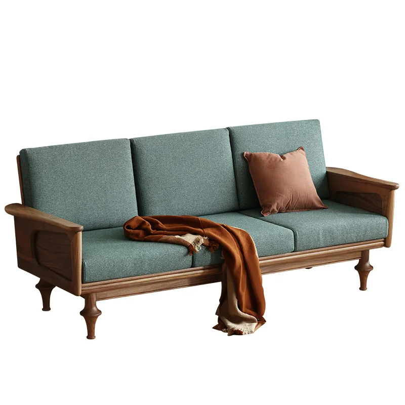 

All-solid wood living room three-person fabric sofa small-sized black walnut light retro sofa