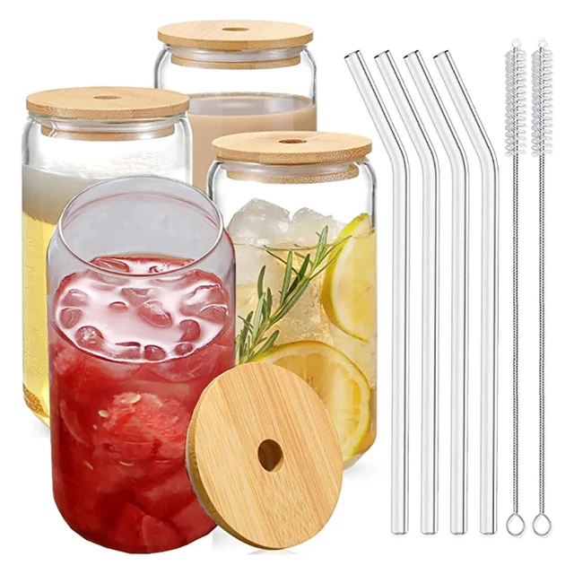 2 Set Drinks Glass Cup with Lid Straw Juice Coffee Milk Tea Beer Cup Can Shape Glass Cup Clear Glass Tumbler Wide Mouth Glass Cup, Size: One Size