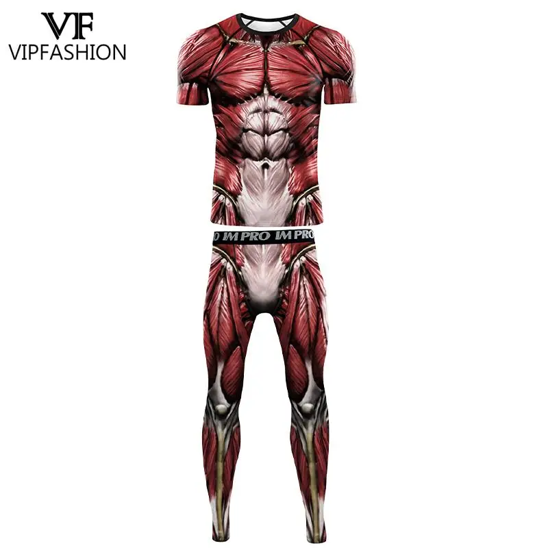 VIP FASHION Muscle T-Shirt Leggings Men Funny Party Cosplay Costume Sport Gym Bodybuilding Set Male Fitness Workout Clothes