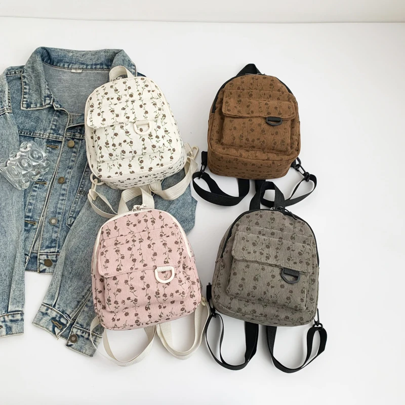 Cheap Price Cute Casual Small Corduroy Backpack Little Girls School Bags Bookbag Flower Printed Lightweight Gift Rucksack 1