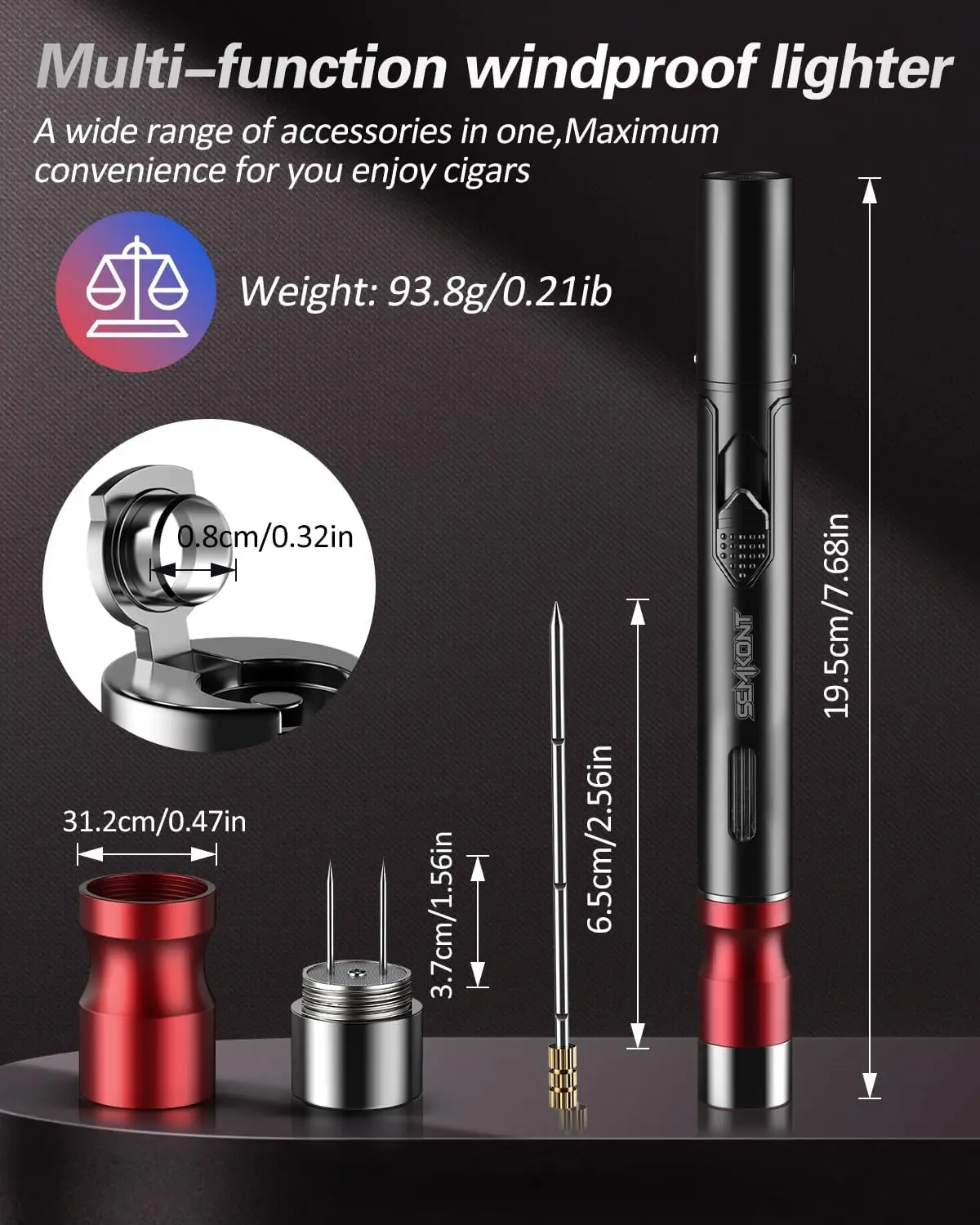 Pen Shaped Cigar Lighter,5 in 1 Lighter with Cigar Punch, Draw Enhancer and Holder,Refillable Windproof Torch Lighter
