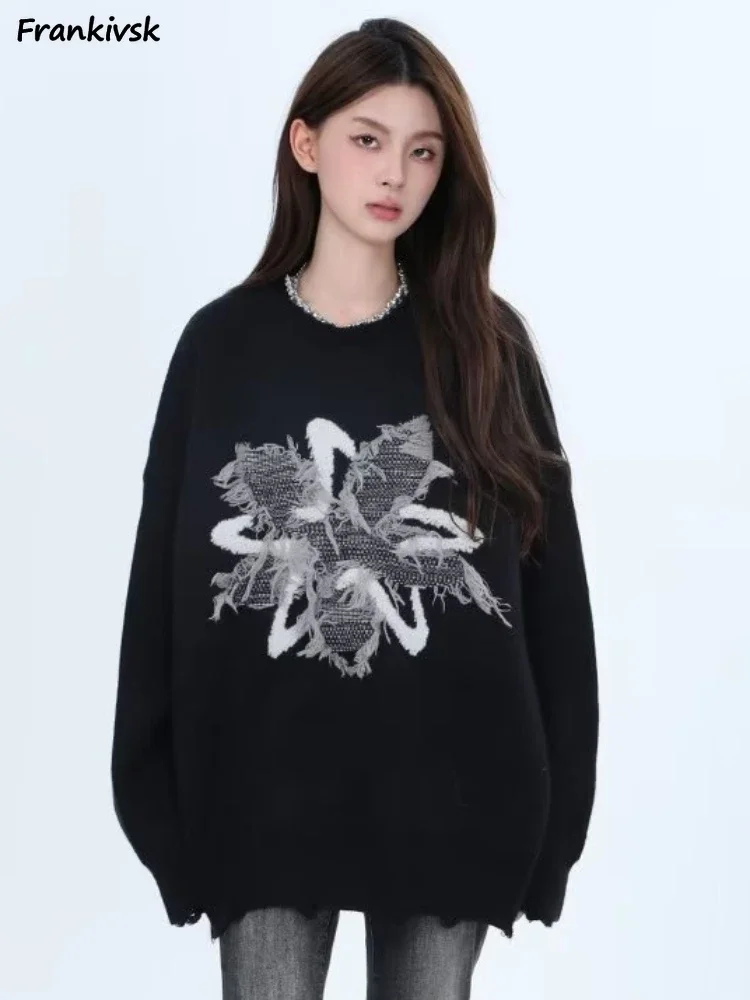 

Spliced Sweaters Women Unisex Hip Hop American Style Retro High Street All-match Daily Frayed Slouchy Loose Aesthetic Hotsweet