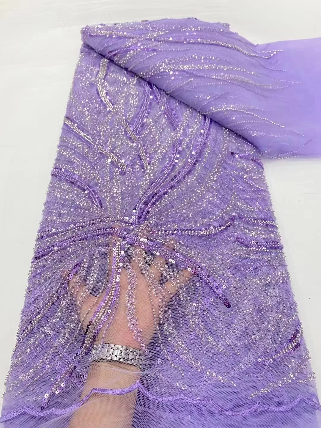 Purple Sequin & Beads On Chiffon JEC-129-6 Fabric main image 1