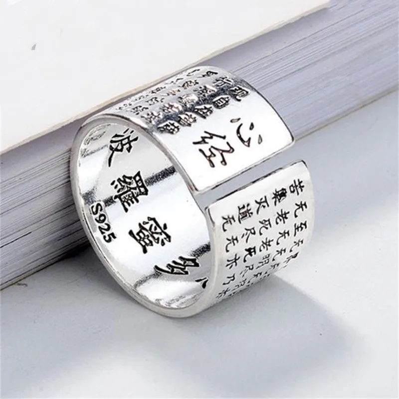 Fashion S925 Silver Ring Men Jewelry Blessing Buddhist Heart Sutra Full Text Ring Male Finger Accessories Openning Size